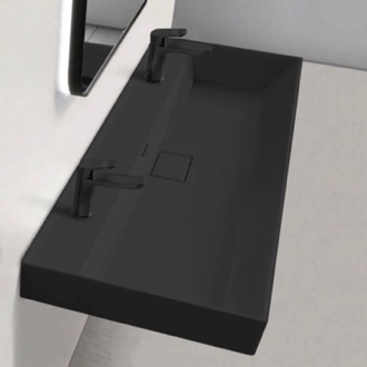 Bathroom Sink Trough Black Ceramic Wall Mounted or Drop In Sink CeraStyle 037607-U-97